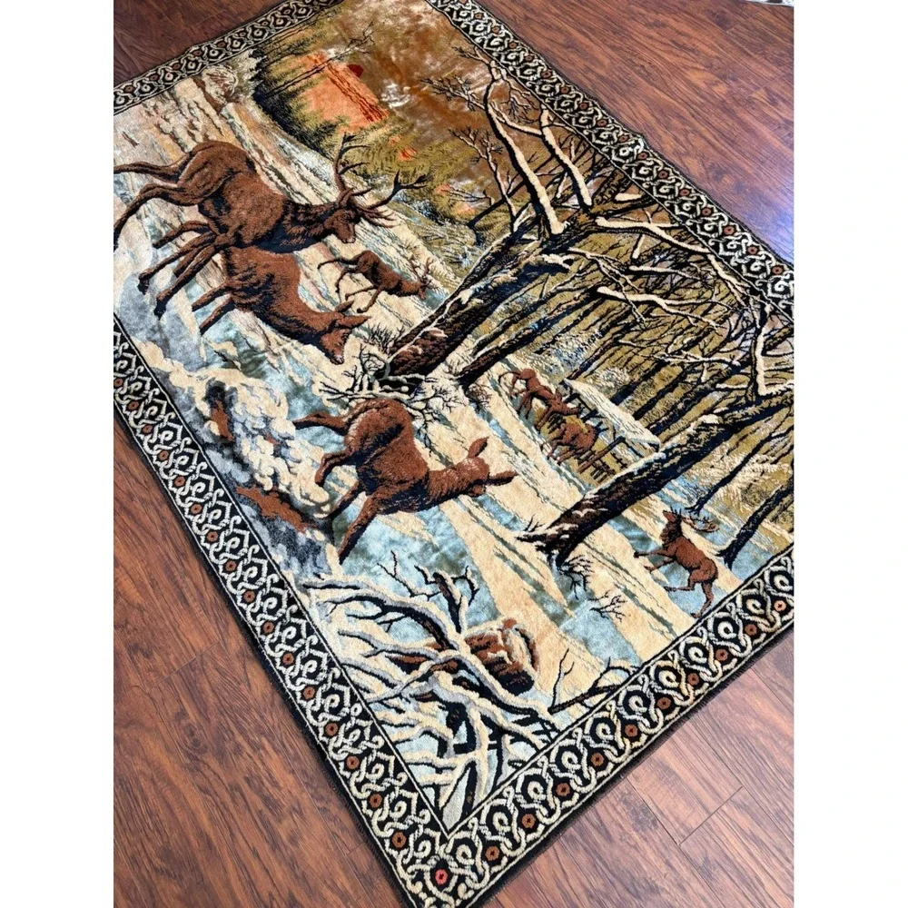 Vtg Velvet Deer Tapestry Wall Hanging Rug Buck Doe Winter Forest Scene 70 x 47" - Picture 2 of 16